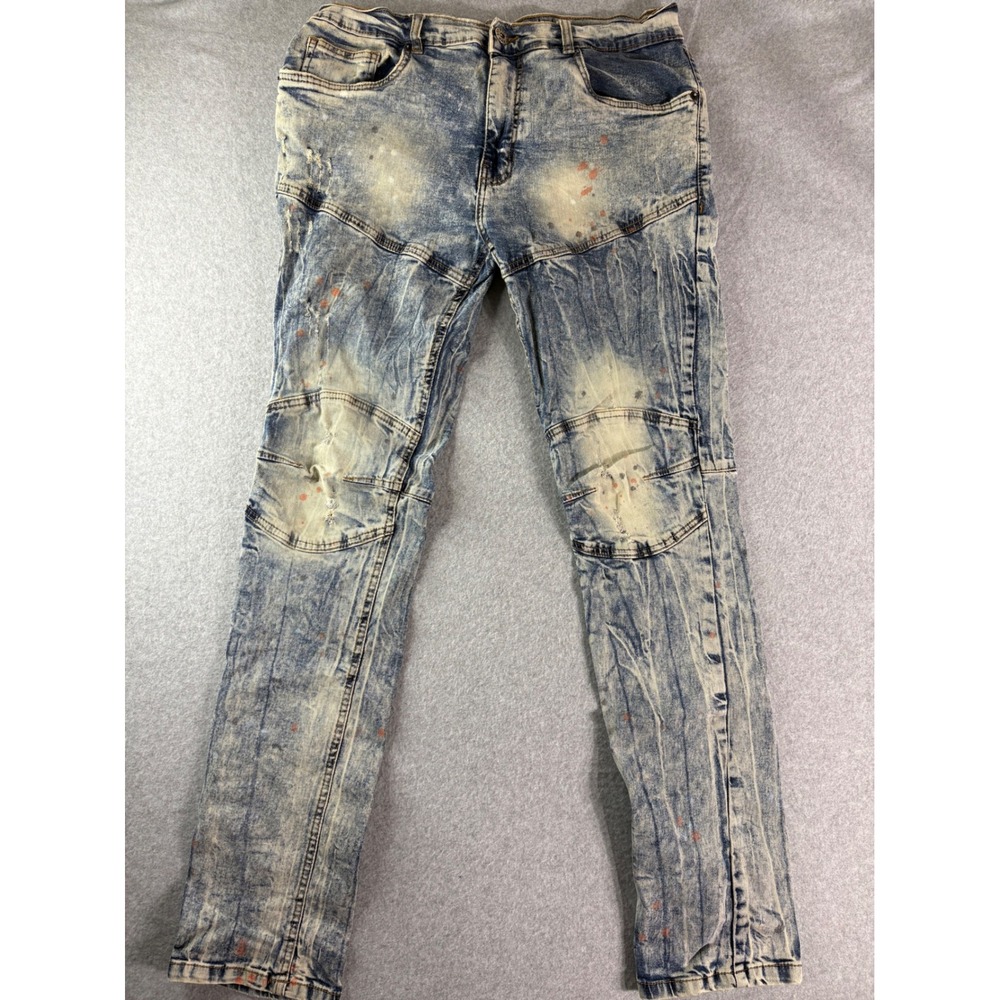 AHP Another Hype Piece Mens Acid Wash Moto Biker Jeans Blue Paint Splatter 36x34
